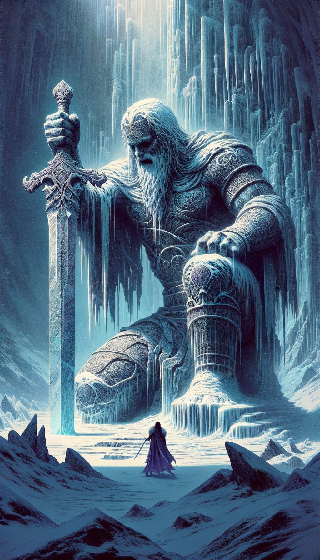 a large, giant statue of an ancient warrior kneeling, holding a sword that is stuck in the ground, the ...  by @morr5750