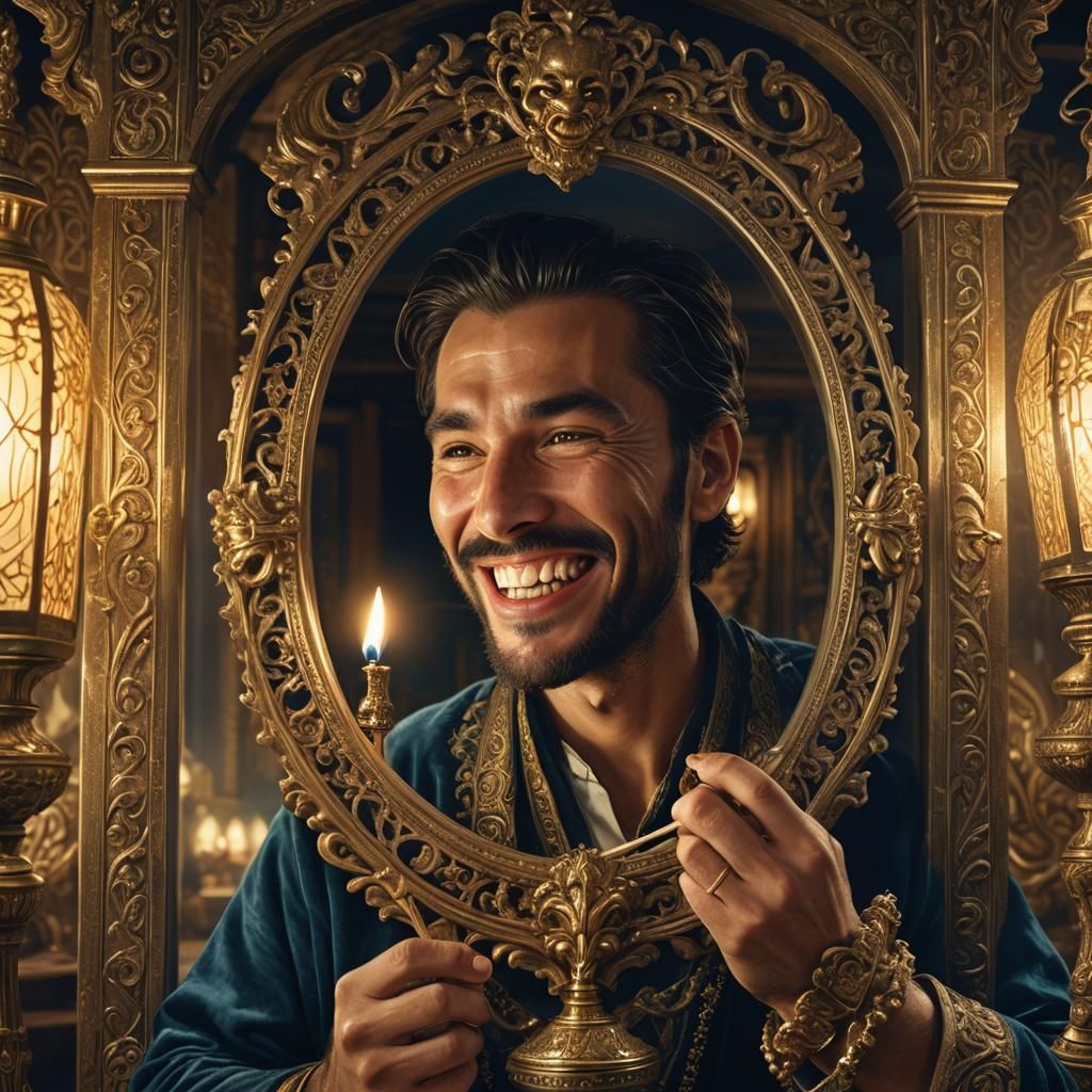 Man Polishing Teeth with Golden Toothpick, Matte Painting