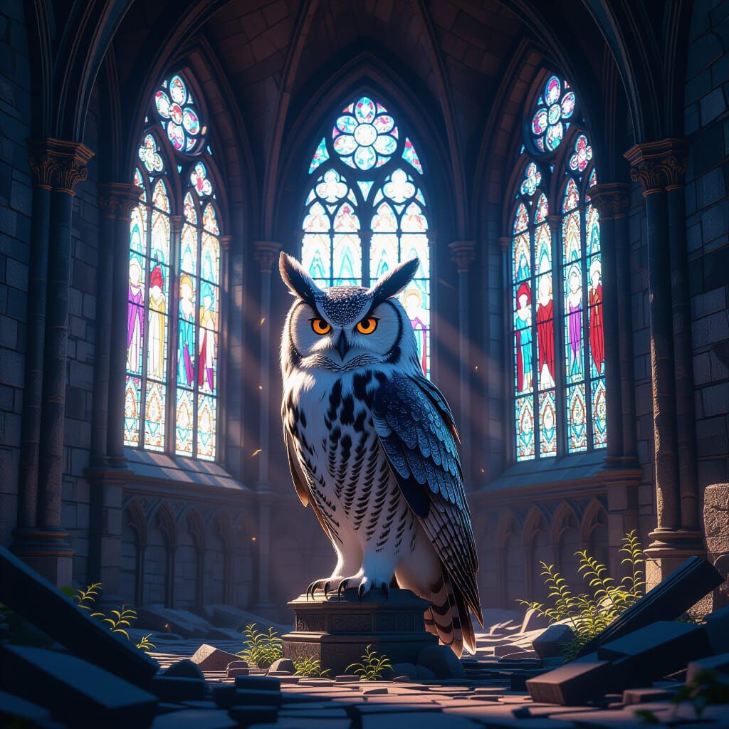 Beautiful Owl radiating wisdom perched randomly in the ruins of an ornate ancient church. The remnants of old stained glass windows can stil...