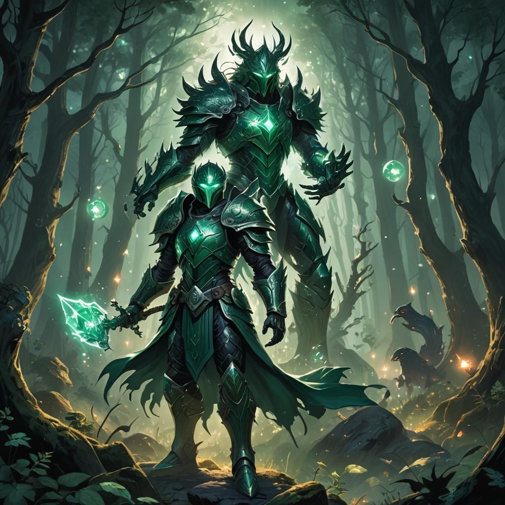 A mysterious figure stands in a moonlit forest, clad in emer...