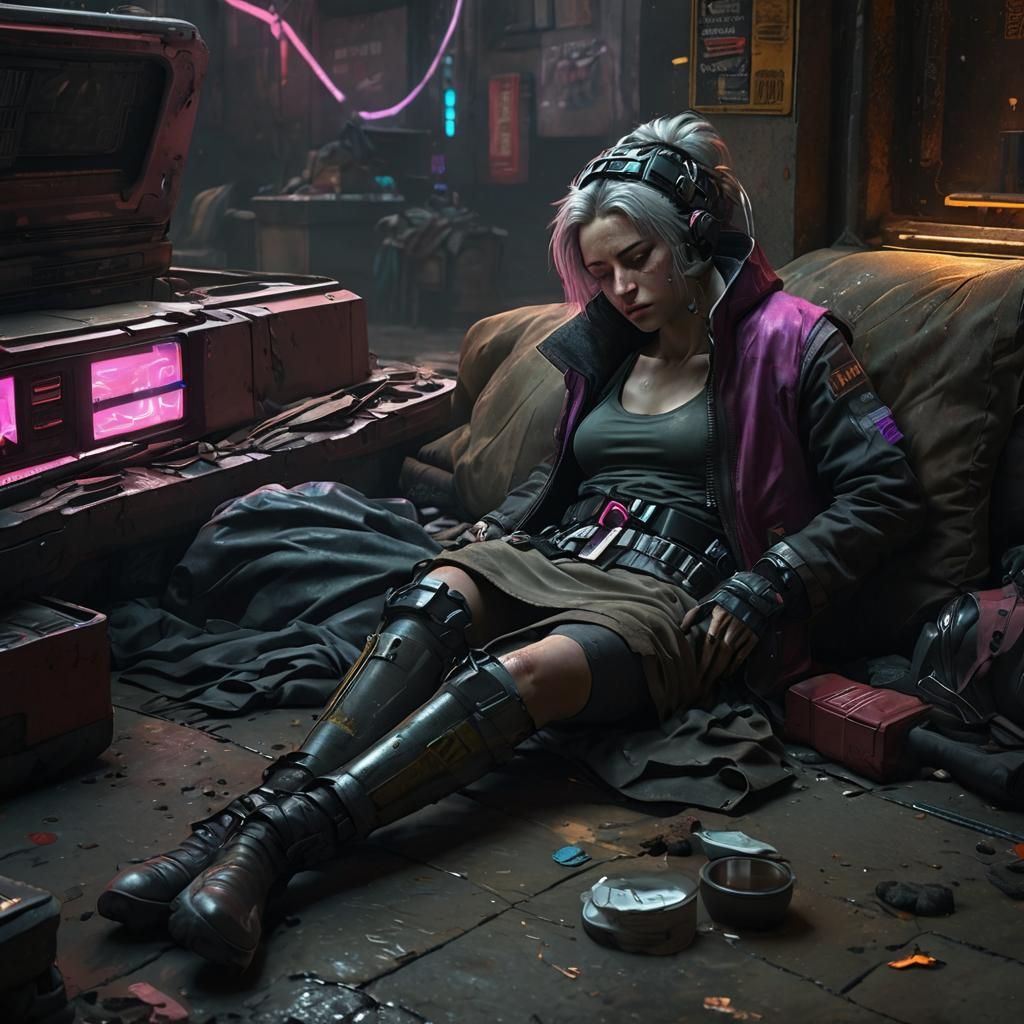 Beautiful German Beggar asleep  in a filthy alley, Cyberpunk Romantic, grimdark purity, star princess, hyper-realistic, editorial pose with...