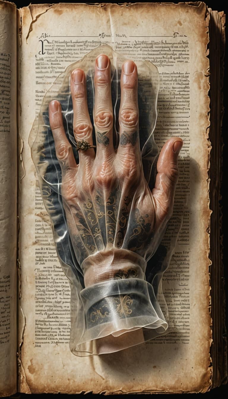 realistic portrait of a translucent hand turning the pages o...