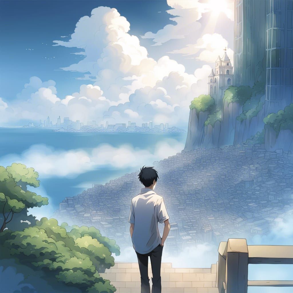 a man on a island looking in to a city that has a thick fog ...