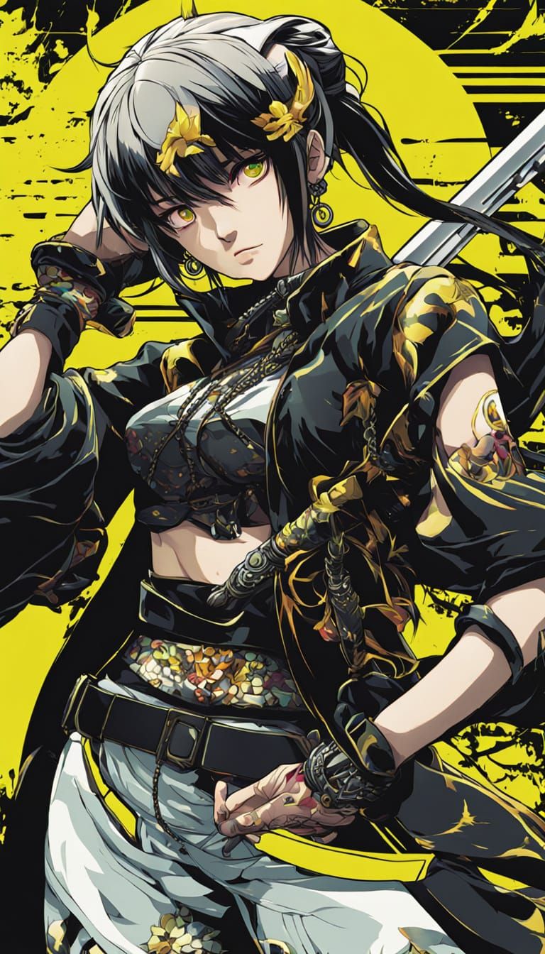 Gothic Punk Rebel Girl Wields Katana in Neon-Lit Scene