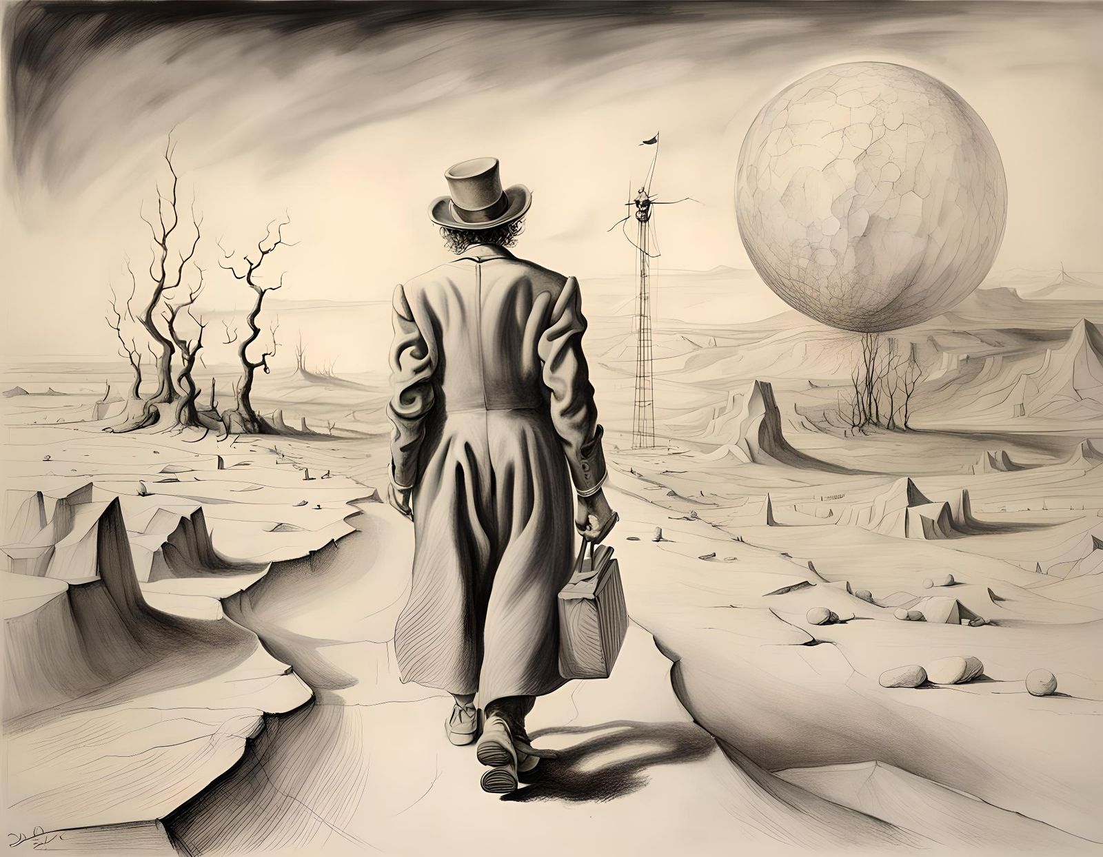 a clown cannot walk to the end of this desolation, detailed pencil drawing, salvador dali