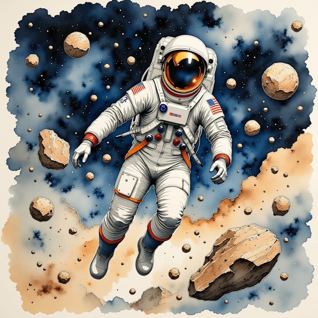 Spaceman navigating an asteroid field <lora:Caffeine Fuelled II:1.0> watercolour, Concept art, fine ink line work, 
