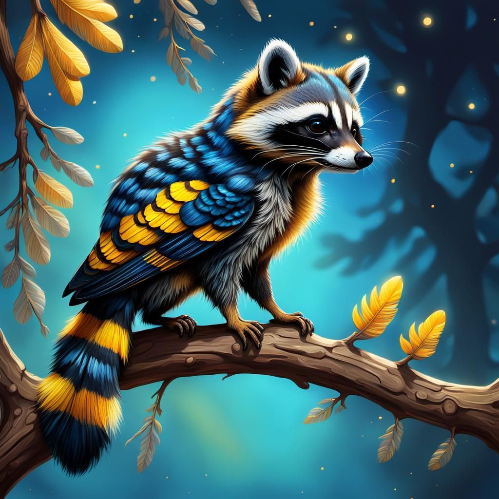 Raccoon-Wasp-Woodpecker Hybrid: A Digital Illustration