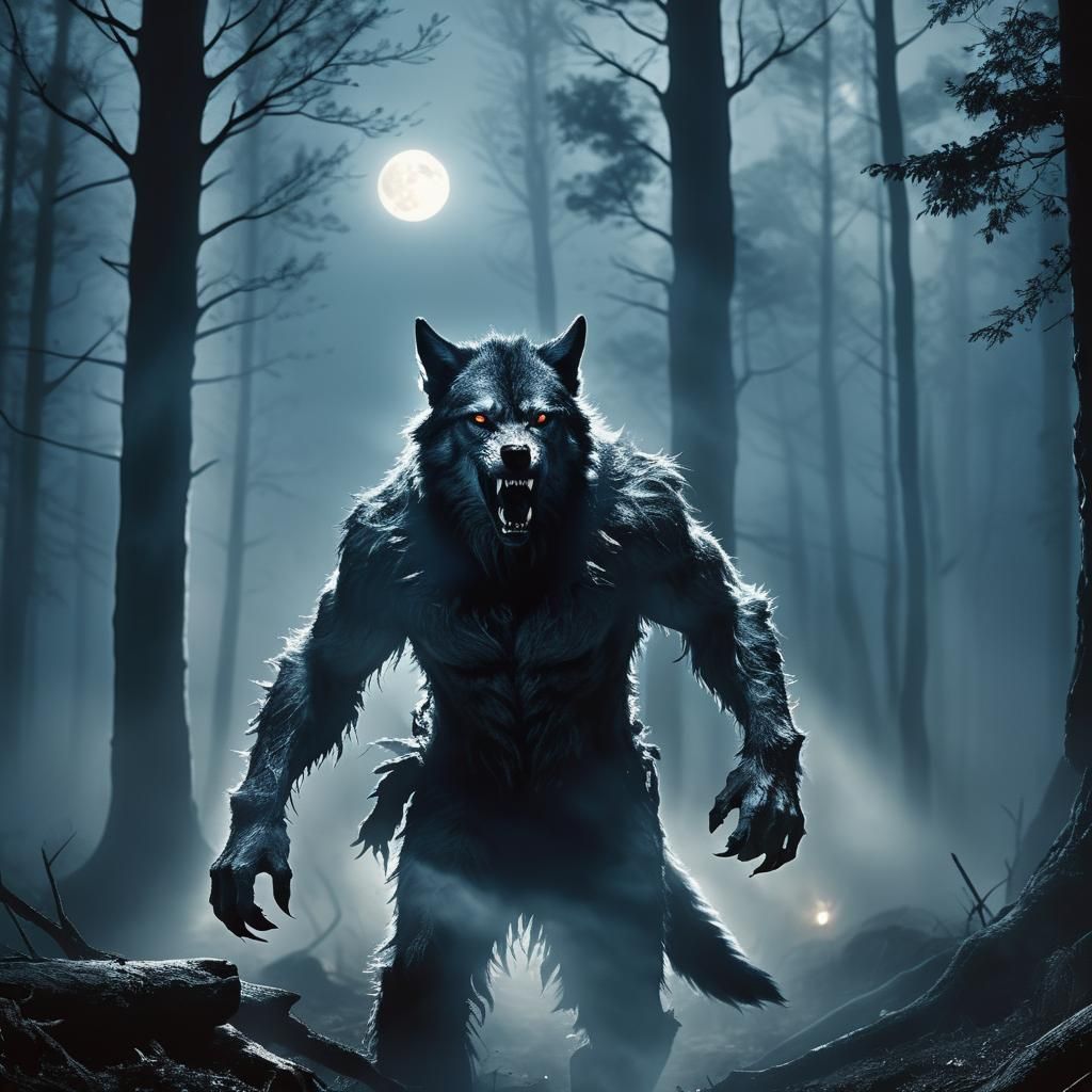 Werewolf Transformation in Misty Forest: Cinematic Still
