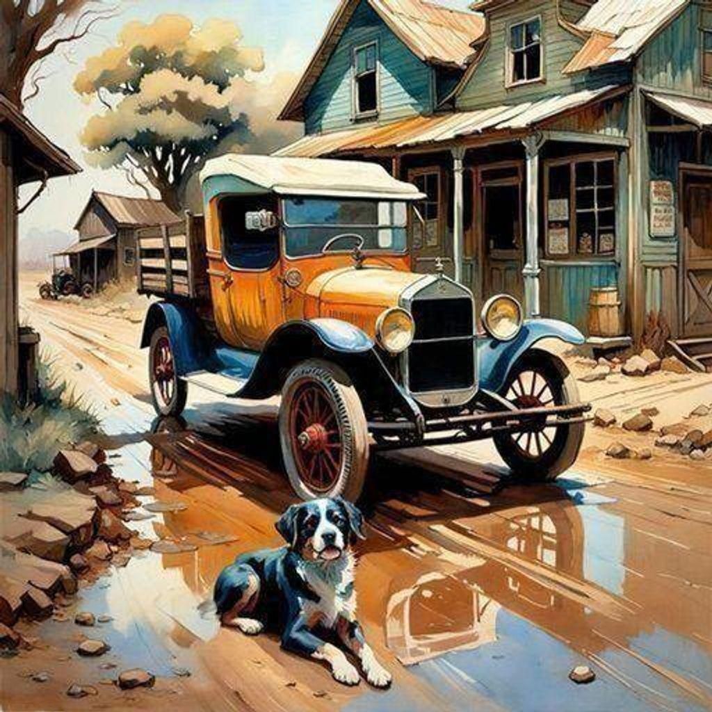 Old vintage Model T truck in front of a small early 1900s co...