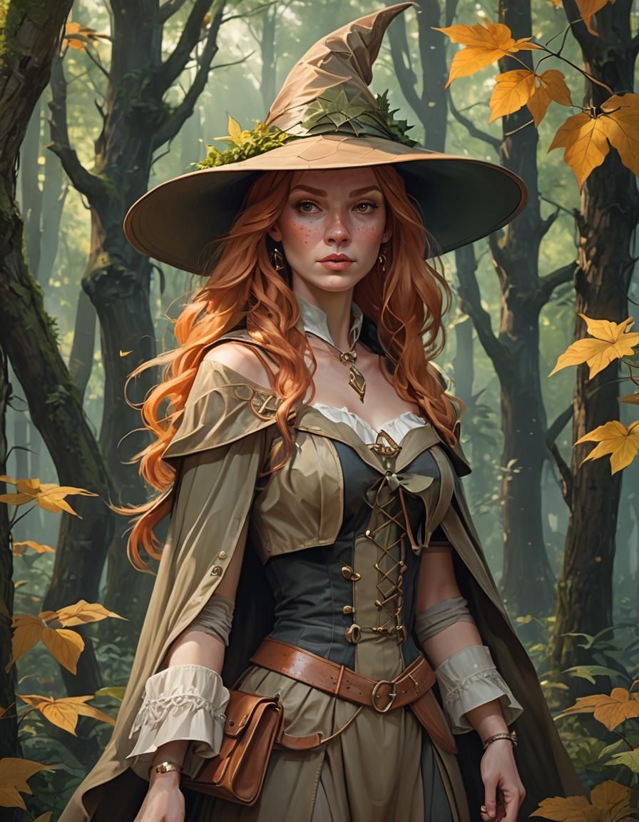 pretty ginger witch with bobcut wearing a pointy hat, dressed in a mini ...