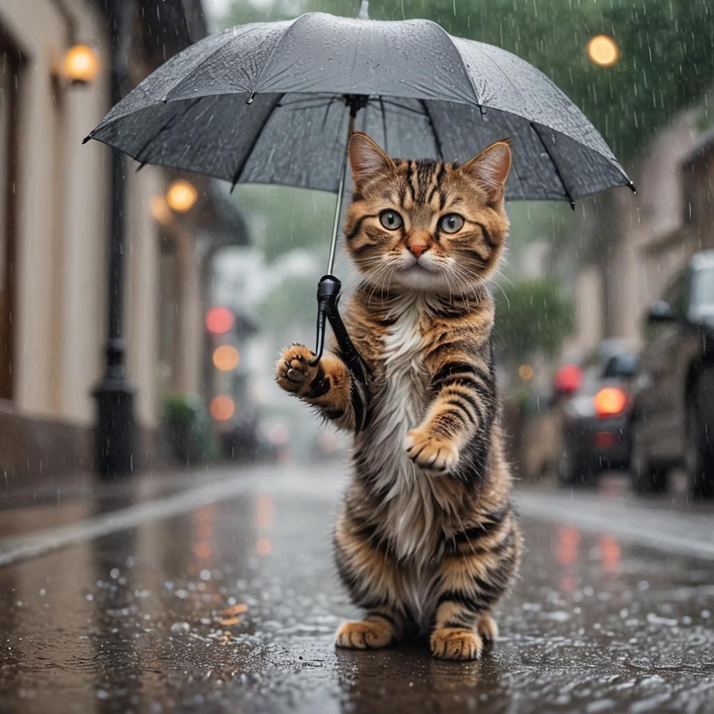 cute cat in the rain holding an umbrella in his paw