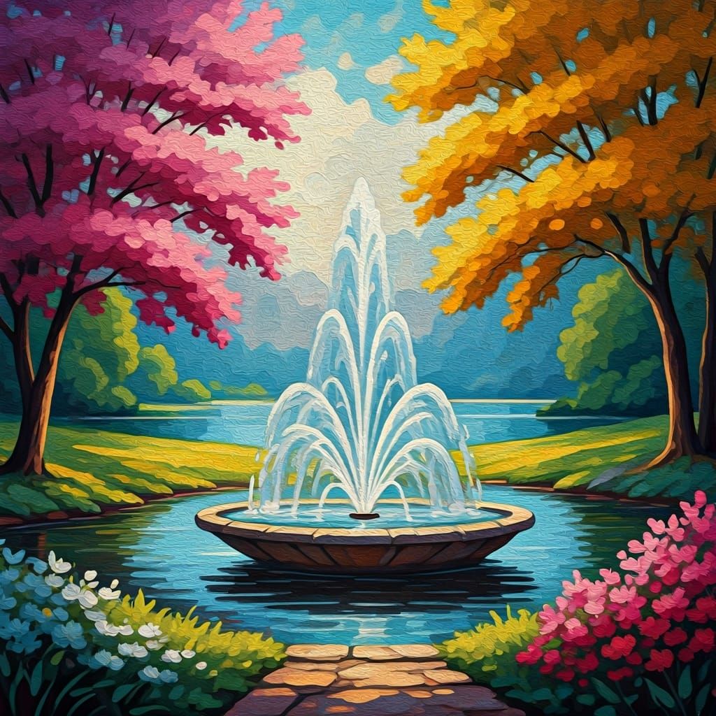 Serene Stone Fountain in Neo-Impressionist Style