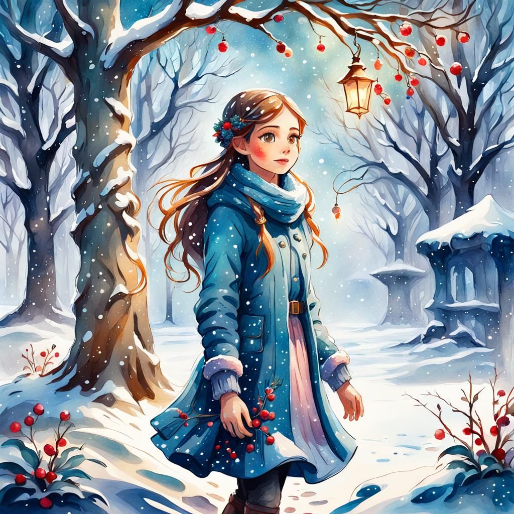 Cute girl near a tree in a magical fantasy winter snow park berries on the  ground fairy lights soft edges blue palette splashes of color wat... - AI  Generated Artwork - NightCafe Creator