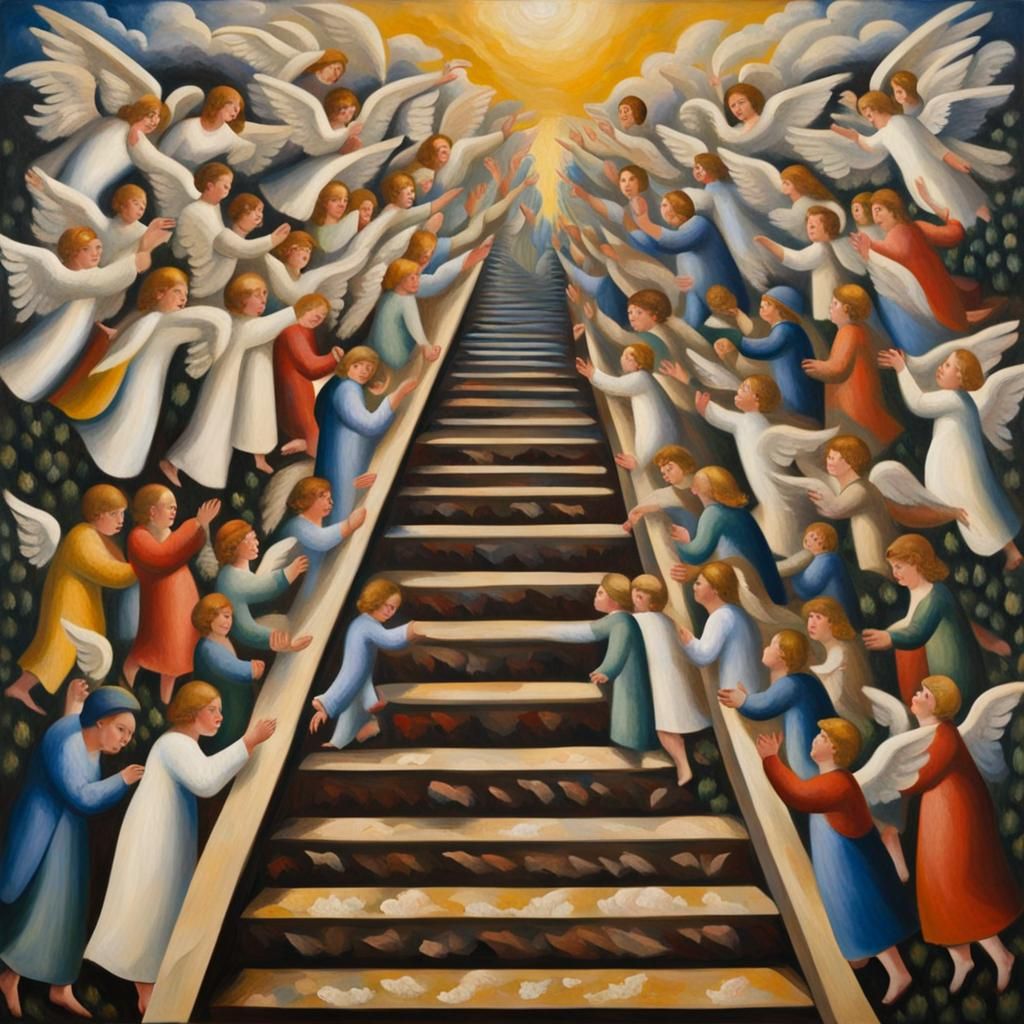 Style of Stanley Spencer, Jacob's ladder with angels ascending and descending from heaven to earth