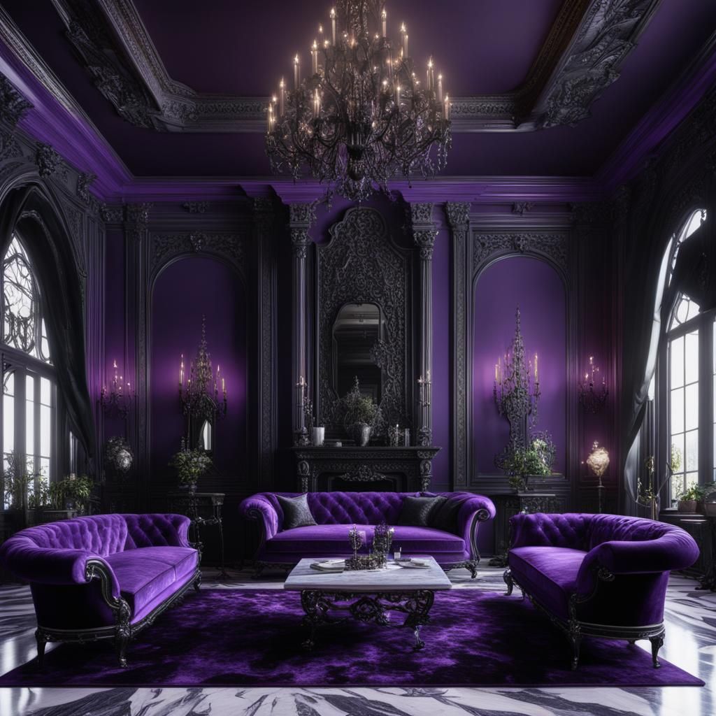 Luxurious Gothic living room with purple walls and black accents ...