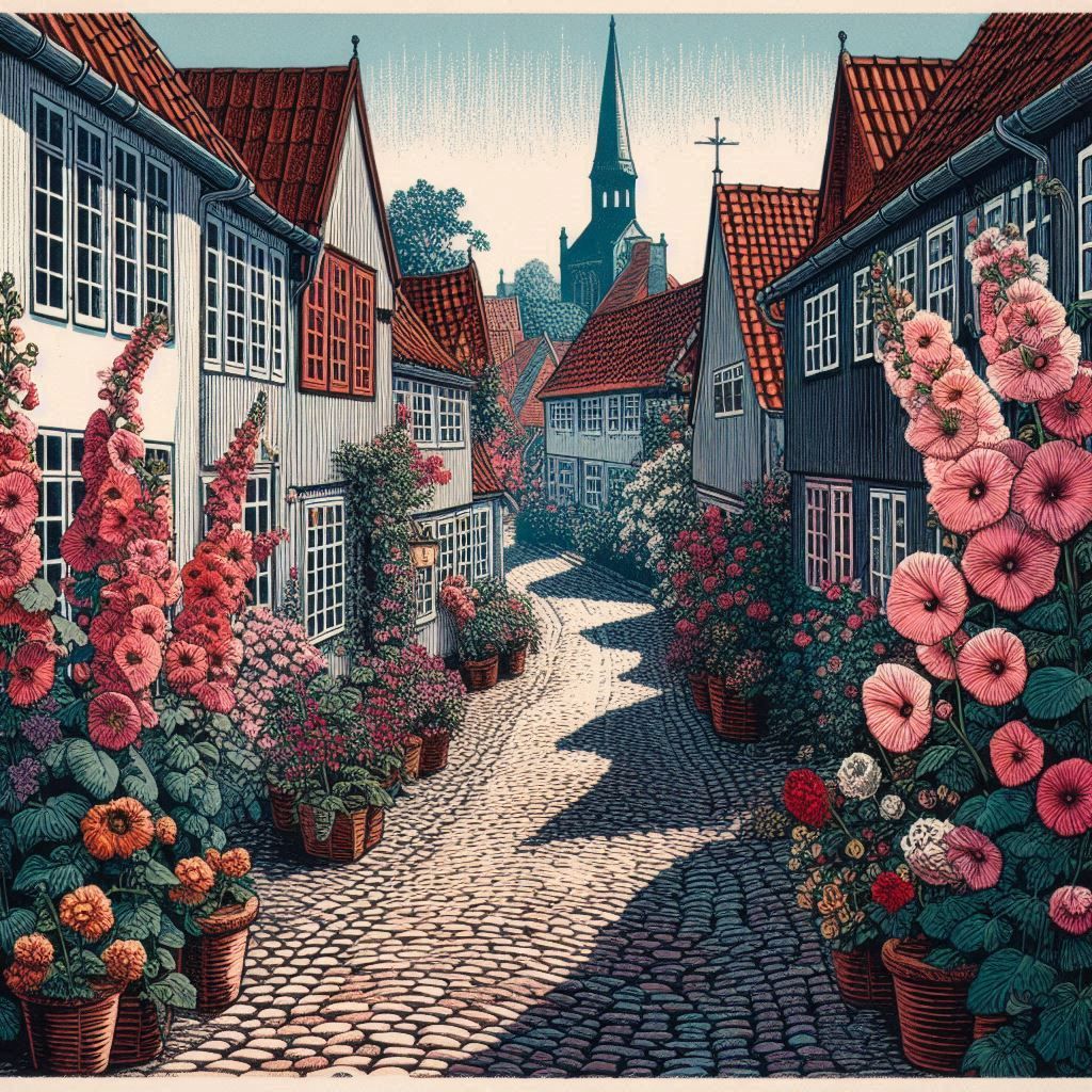street in the old town of Rønne on Bornholm with blooming ho...