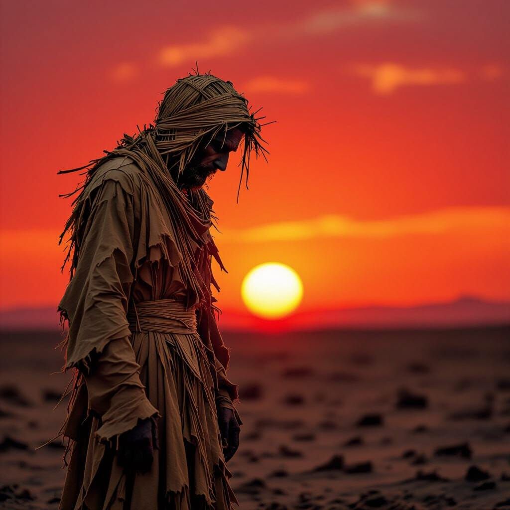 Desolate Figure Silhouetted Against Blood-Red Sunset