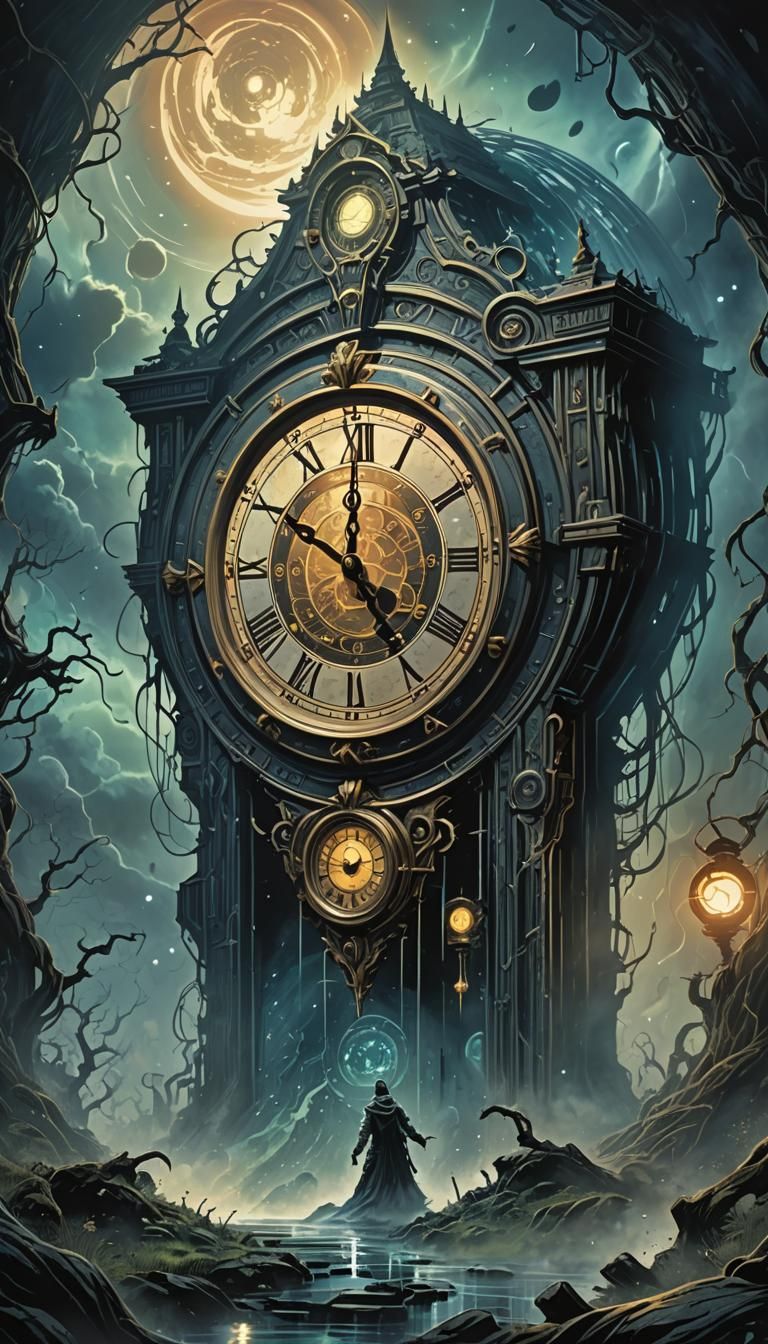 Haunted nightmare clock time warp portal in foggy glistening outer ...