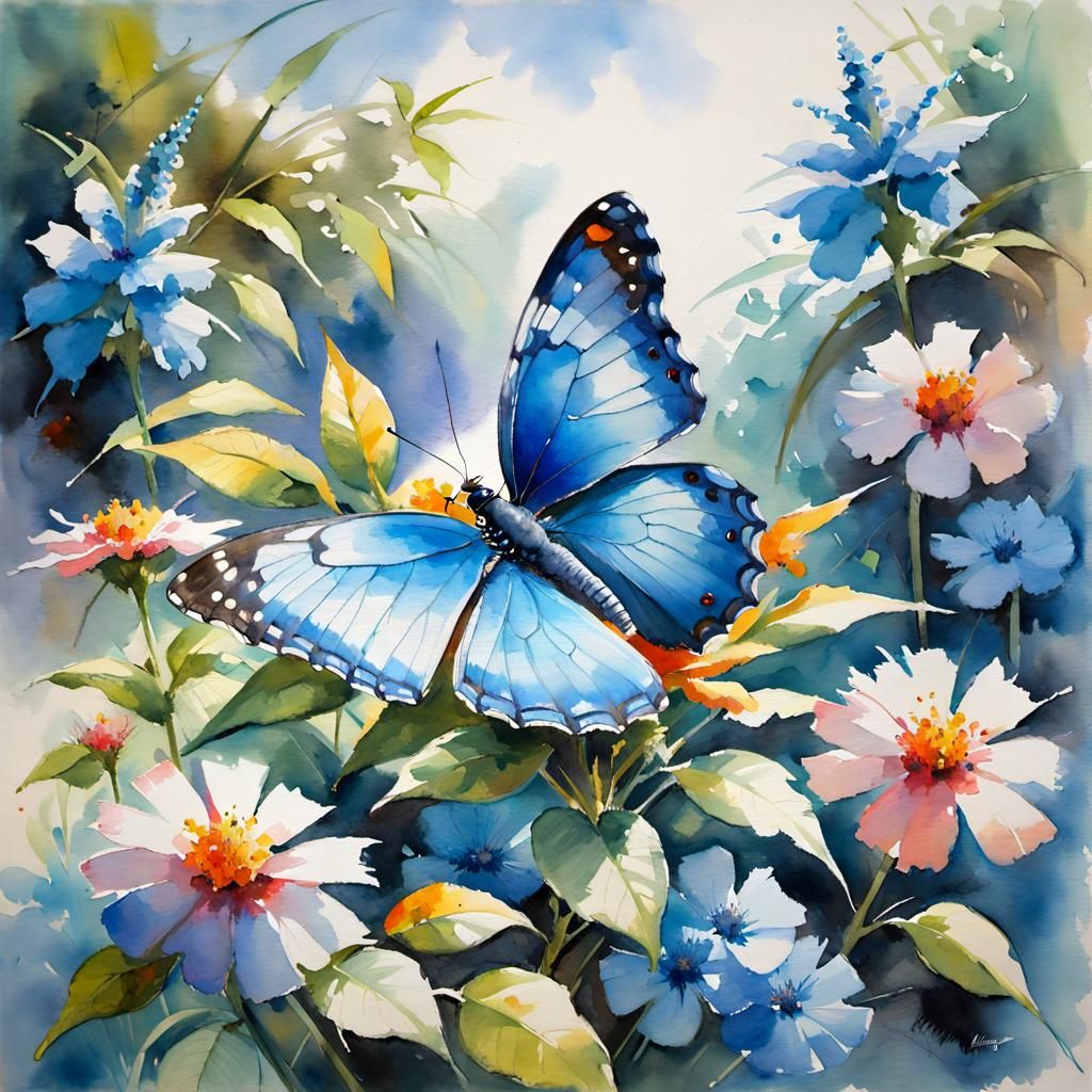 Watercolor painting of vibrant blue butterfly sitting on a flower in lush garden  by @Fokje