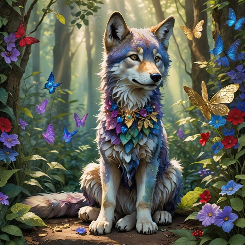 In a lush, verdant forest a graceful wolf cub and a captivat...