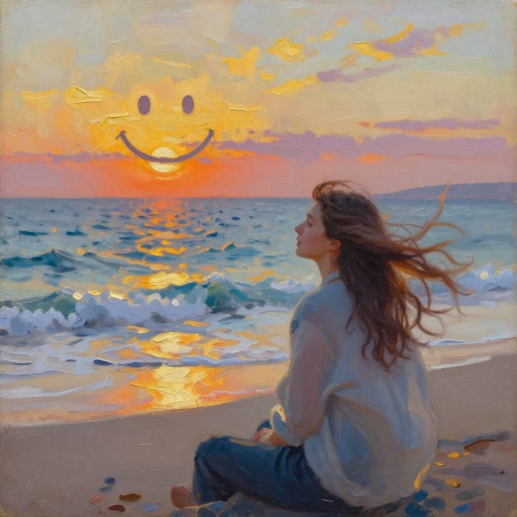 Joyful Person by the Sea with Smiley Waves