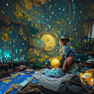 A girl living inside the famous starry night painting