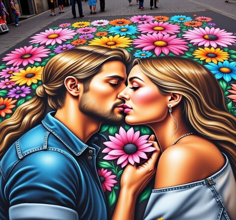 <lora:Street Art Fx:1.0> art by Julian Beever, Kurt Wenner, and Edgar Müller, street art, chalk art, vibrant and detailed , couple kissing"