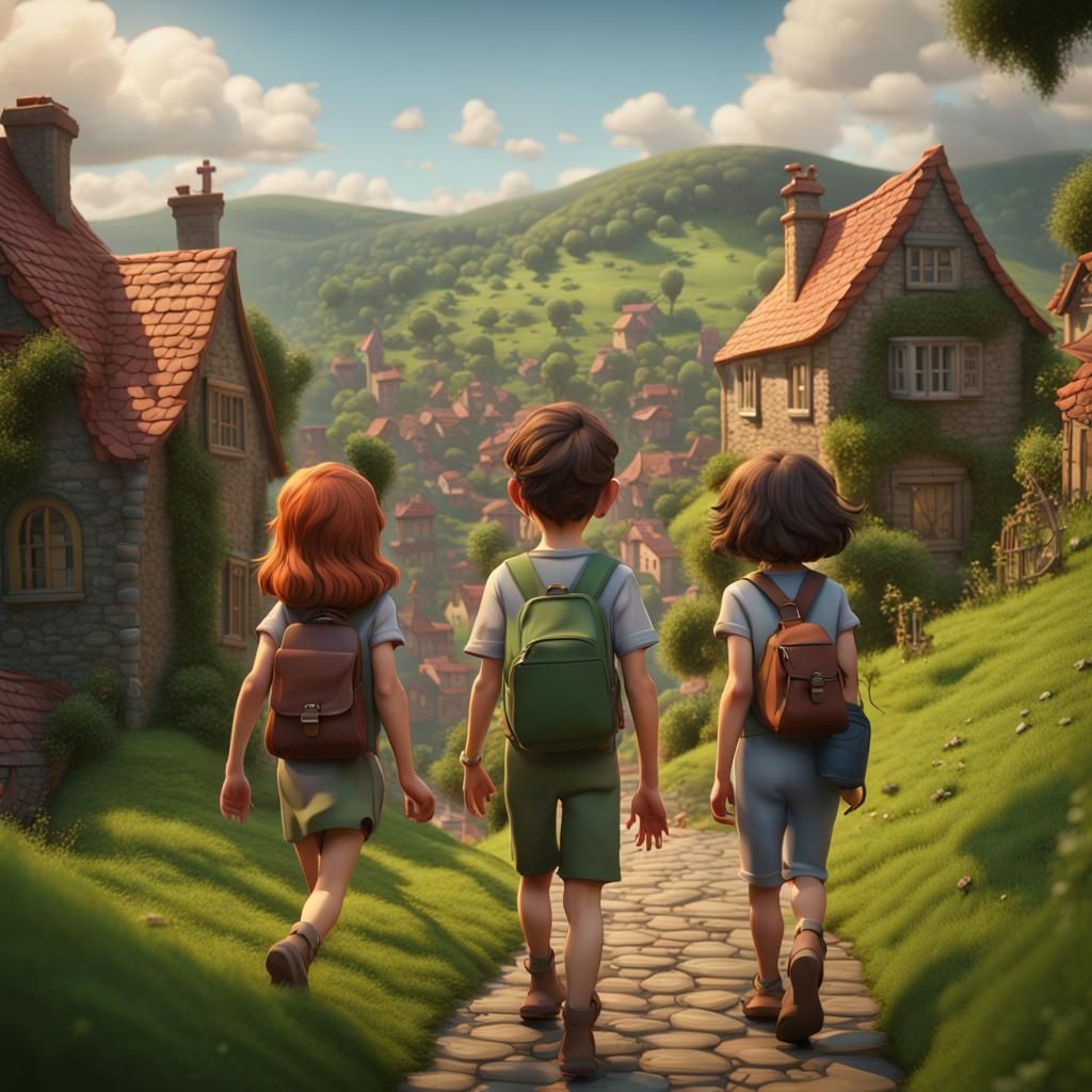 3D Pixar like cartoon of a boy and two girls walking into a ...