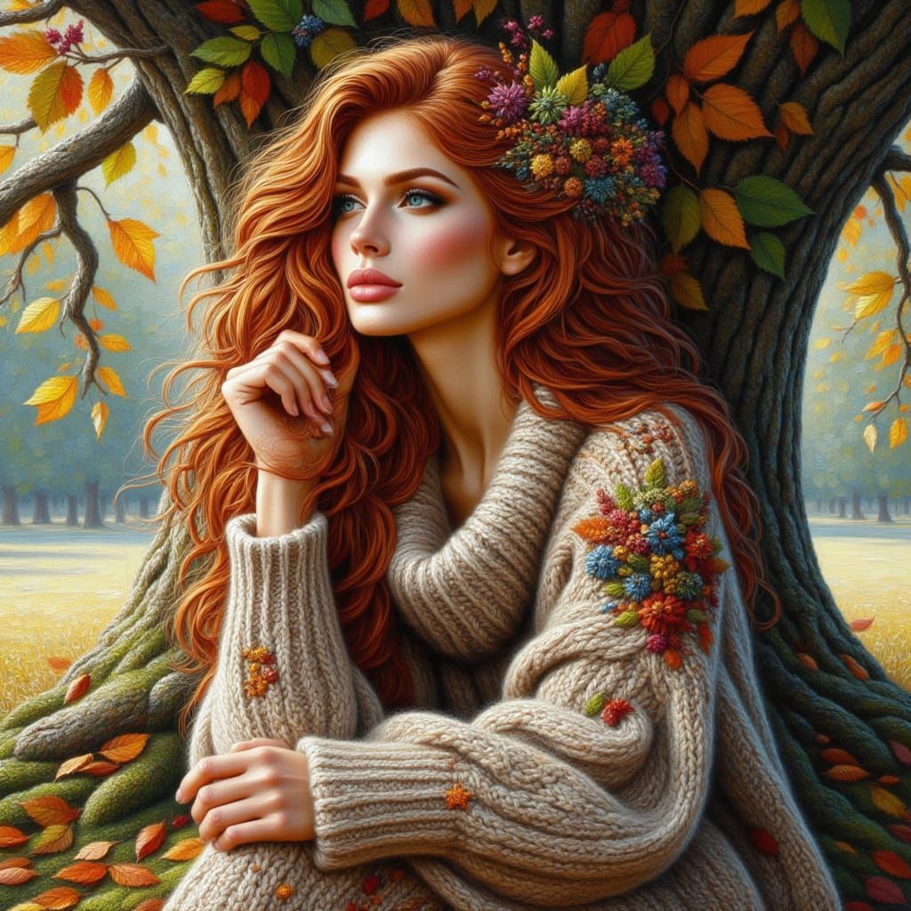 <lora:kak-Autumnal:1.0>A gorgeous red-haired woman wearing an oversized sweater, sitting under a tree