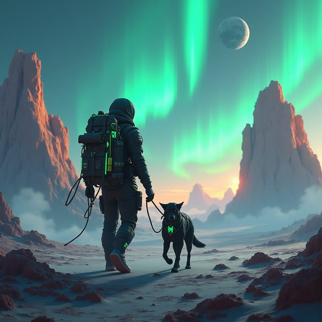 Space Traveler with Cybernetic Dog on Asteroid