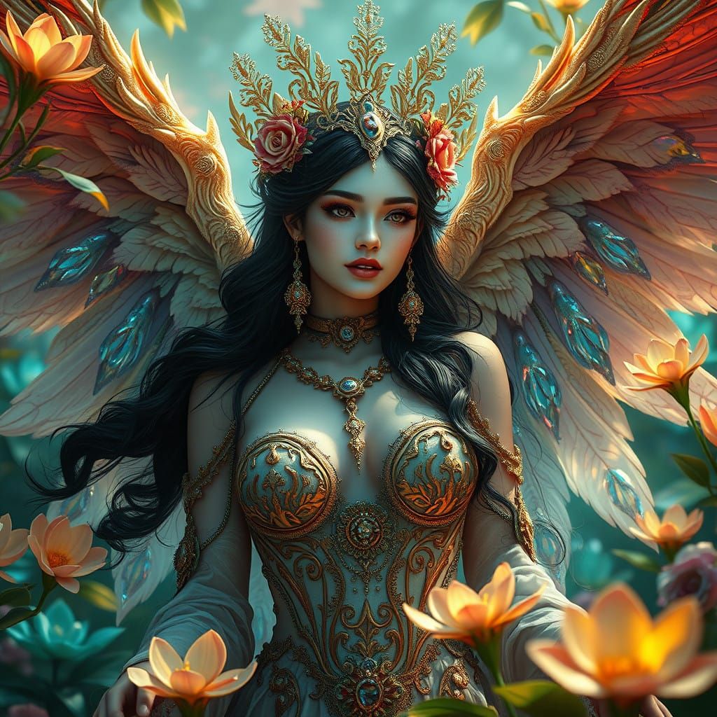 Regal Fallen Angel Luxuria in Lush Fantasy Landscape