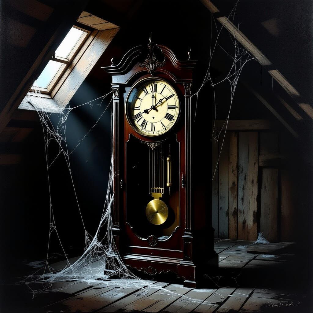A lone, ancient grandfather clock stands in a dusty, forgotten attic, its face etched with a melancholic expression. Cobwebs drape over its ...