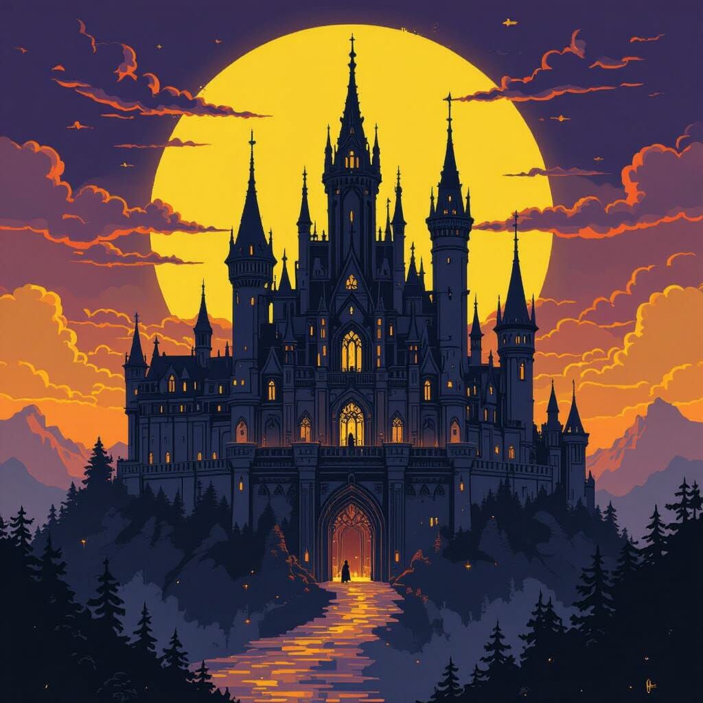 Dark fantasy medieval retro pixel art. No castles, no people