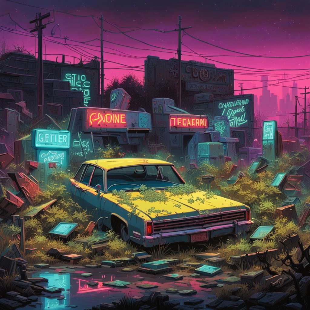a neon sign graveyard, with a surreal, cyberpunk atmosphere....