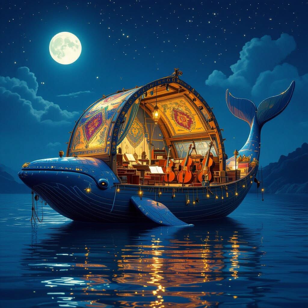 I want to create a one-of-a-kind Jewish sukkah that is located inside a giant whale that floats on the water, with a full set of musical ins...