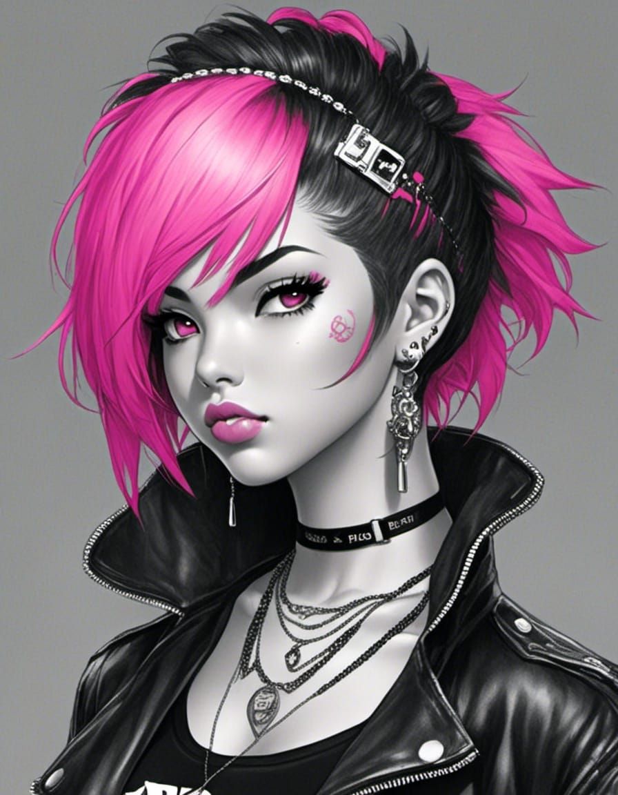 Punk Japanese Model in Selective Color Pencil Sketch