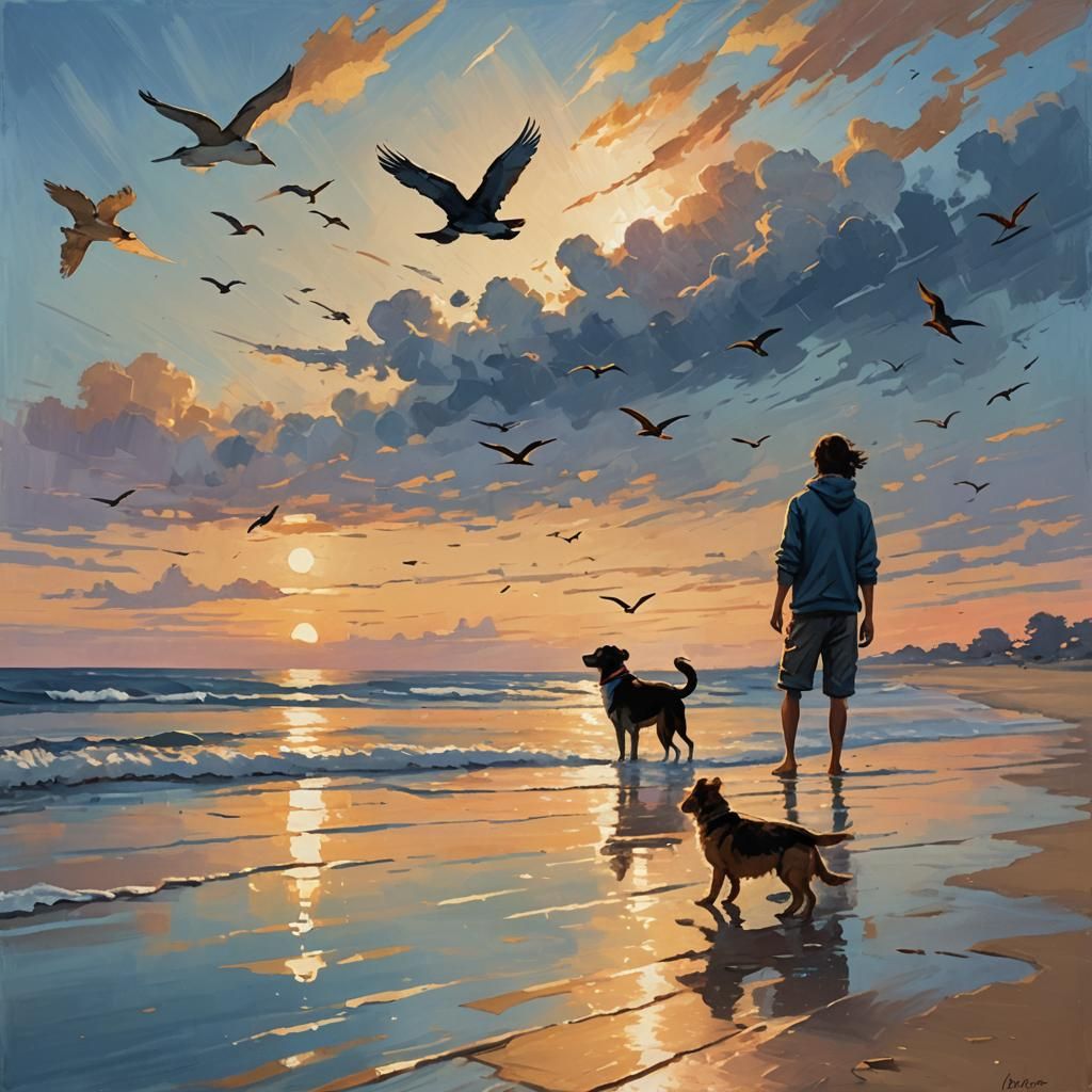 An evening beach scene where a dog and cat are watching the sunset, birds gliding across the water, and a small plane flying off into the...