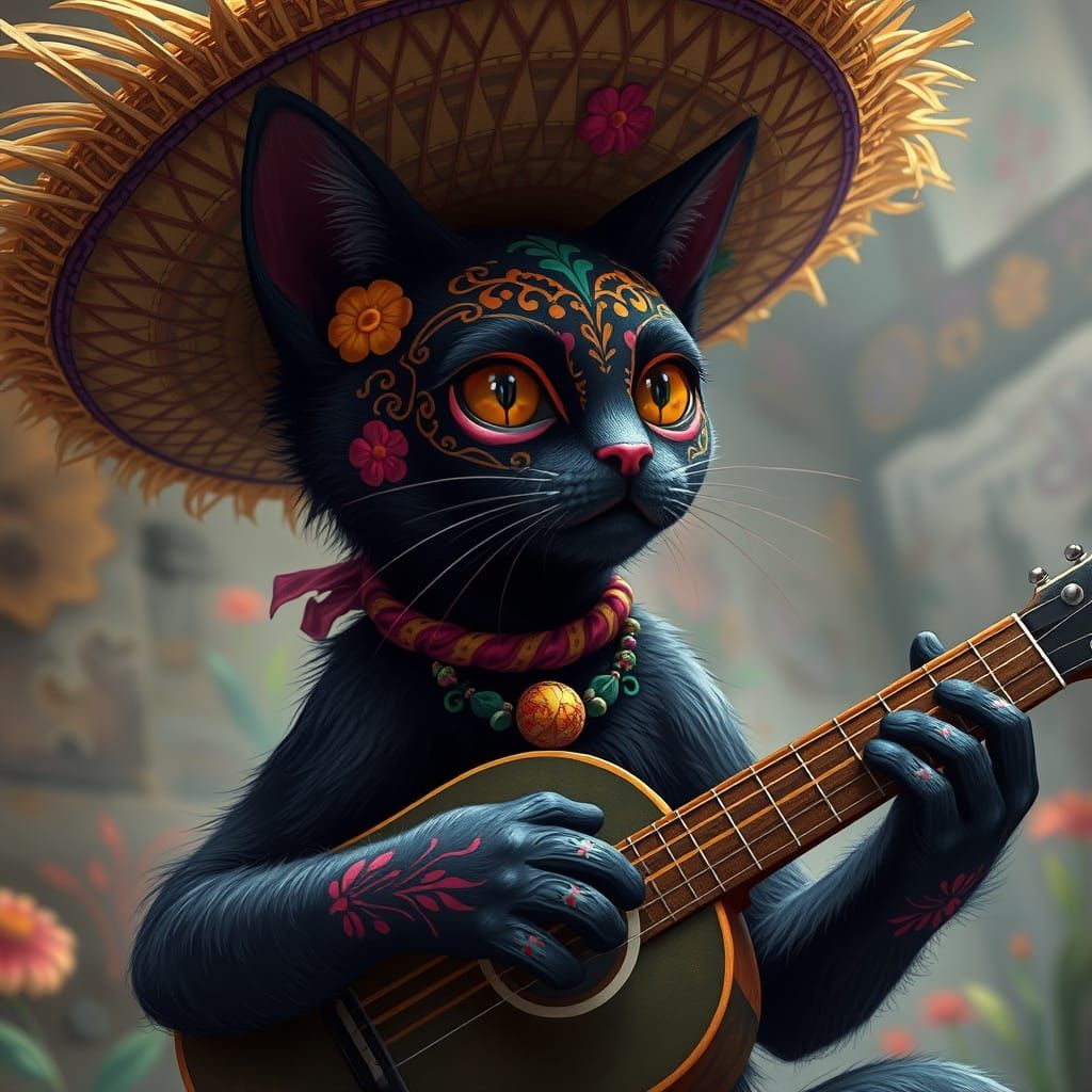 a black cat, face as Mexican skulls, wearing a large straw sombrero over a guitar  by @Cody Martins