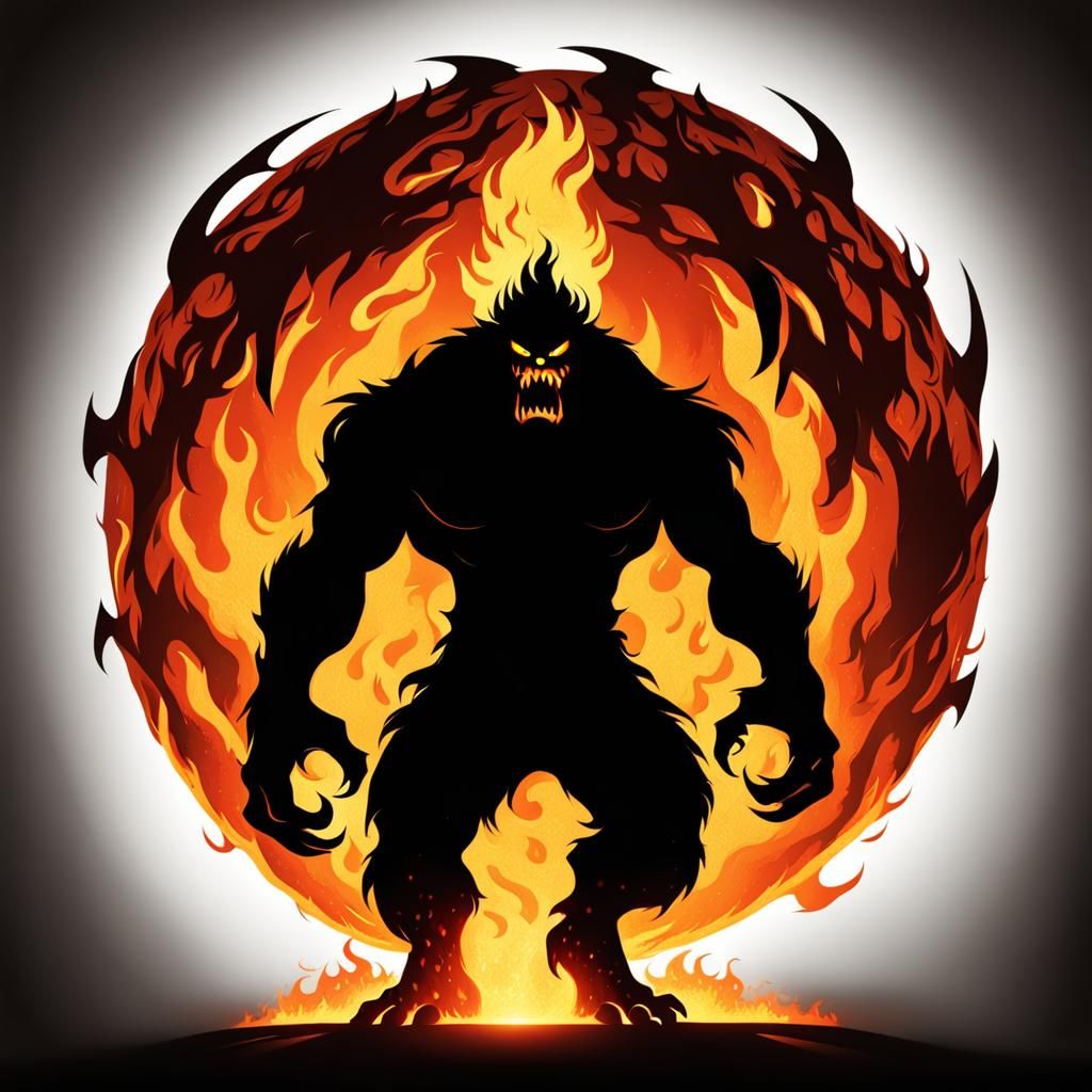 a silhouette of monster walking out of an inferno ball of fi...
