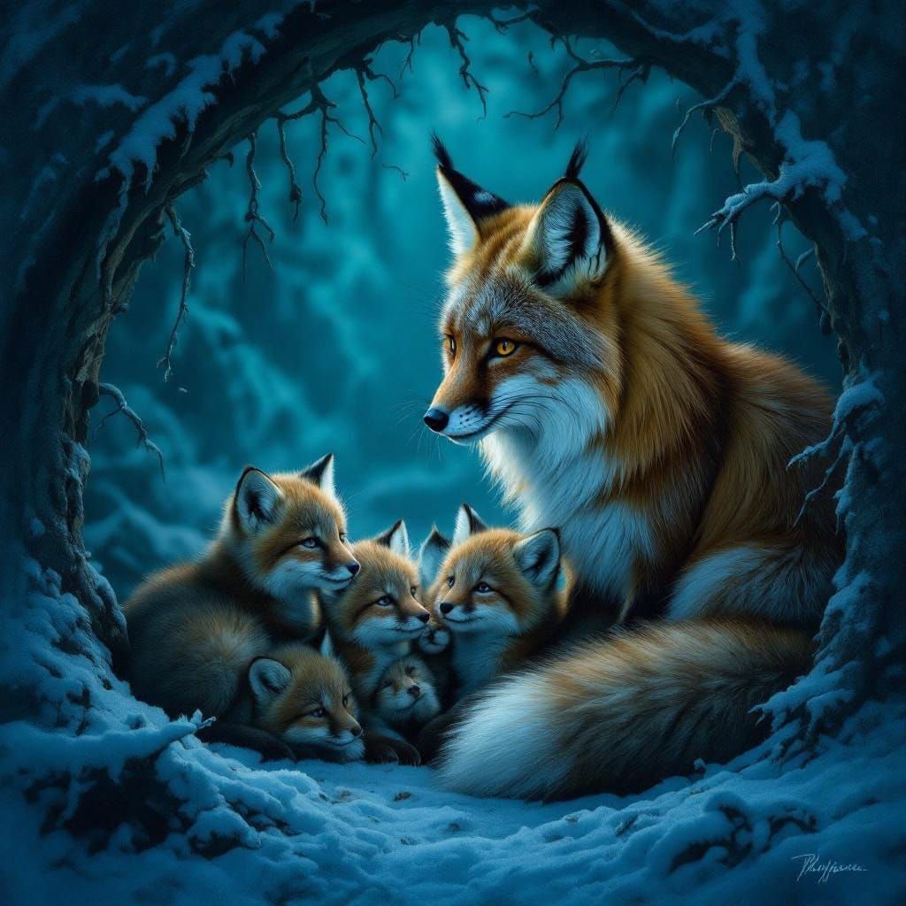 A majestic Fox with pups in the den