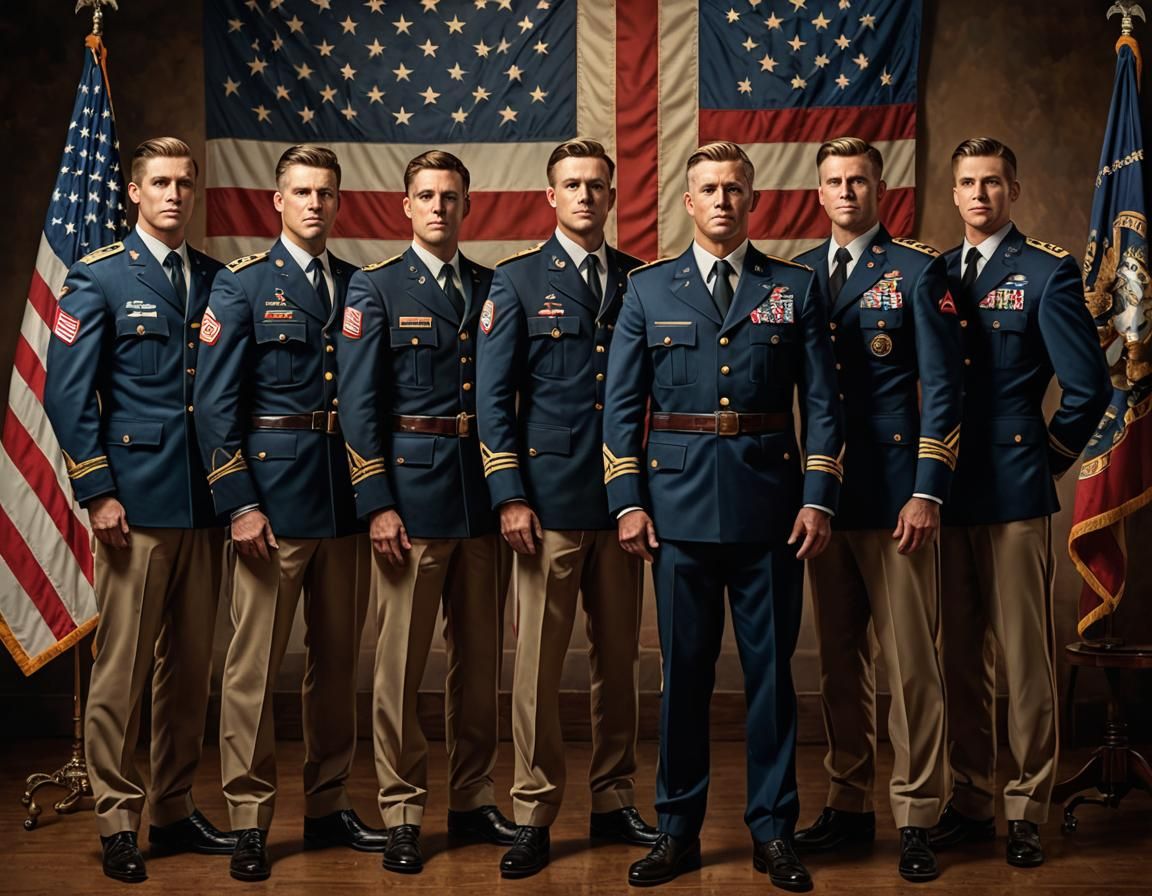 A group of men one from each branch of service. Army, Navy, National