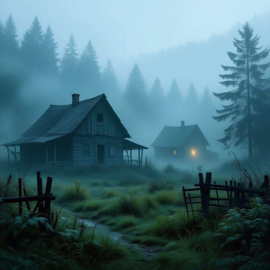 Overgrown Farmstead Lost in Foggy Forest