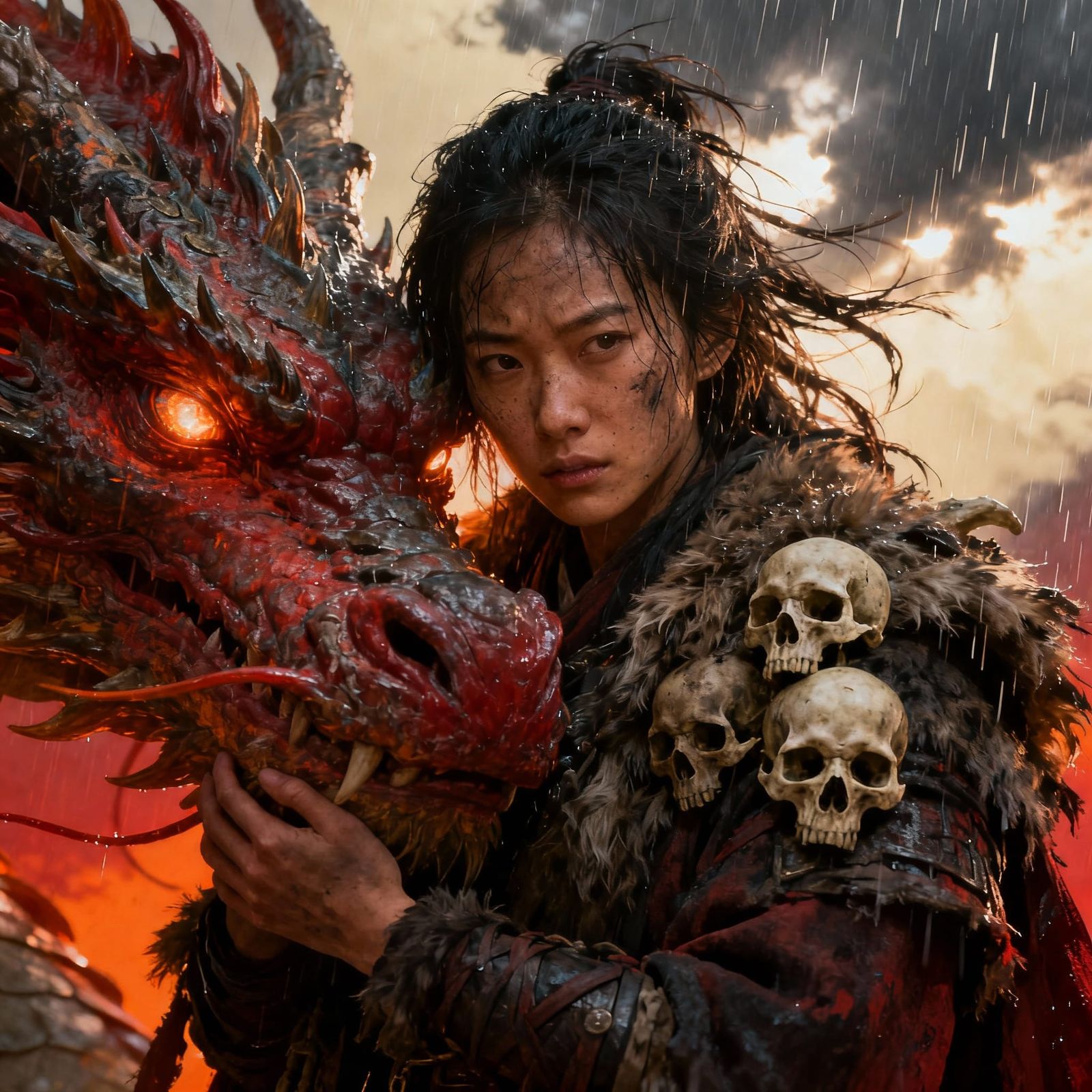 Asian Warrior Woman Embraces Mystical Dragon in Stormy Fanta...