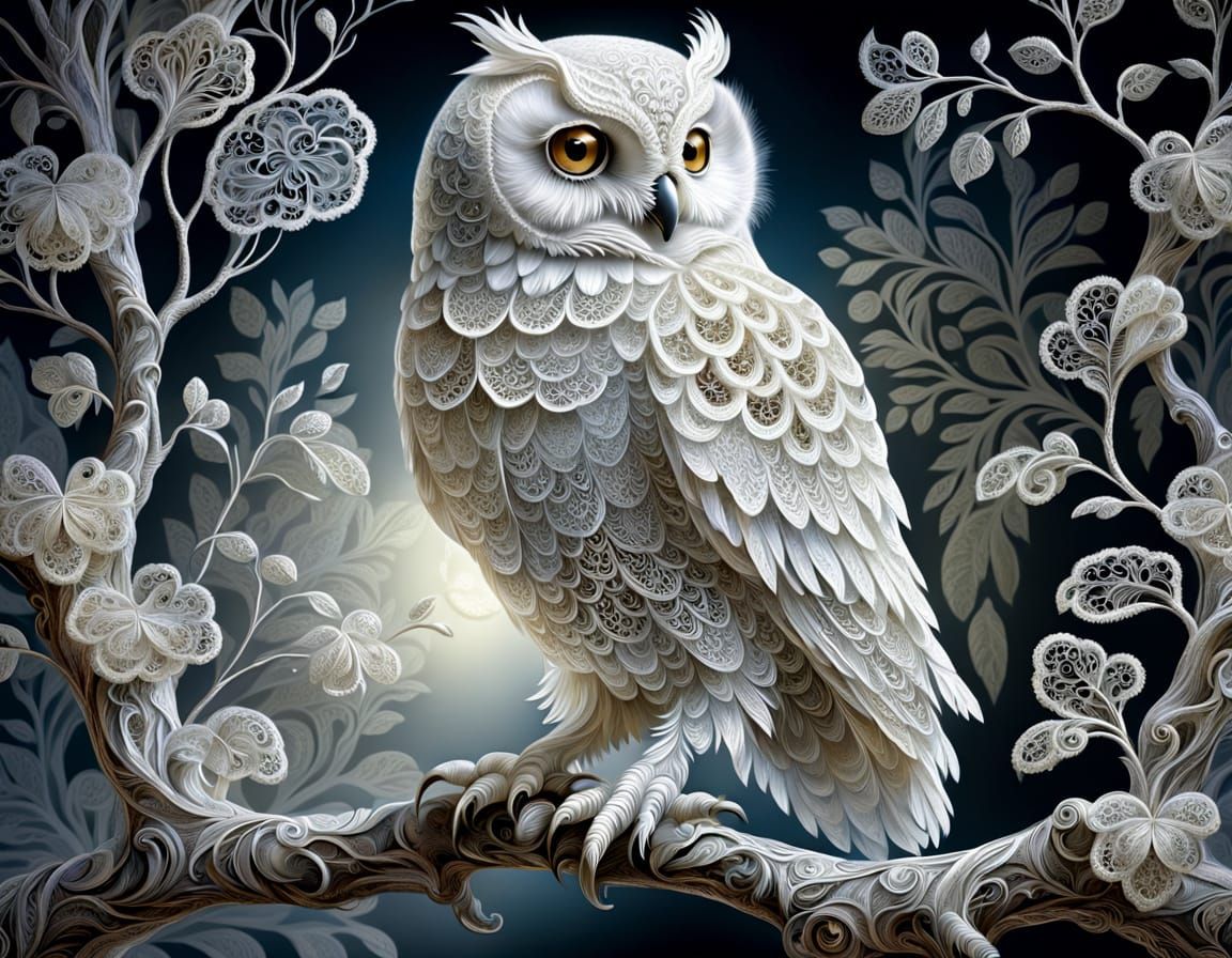 Ethereal White Lace Owl in Chiaroscuro Style
