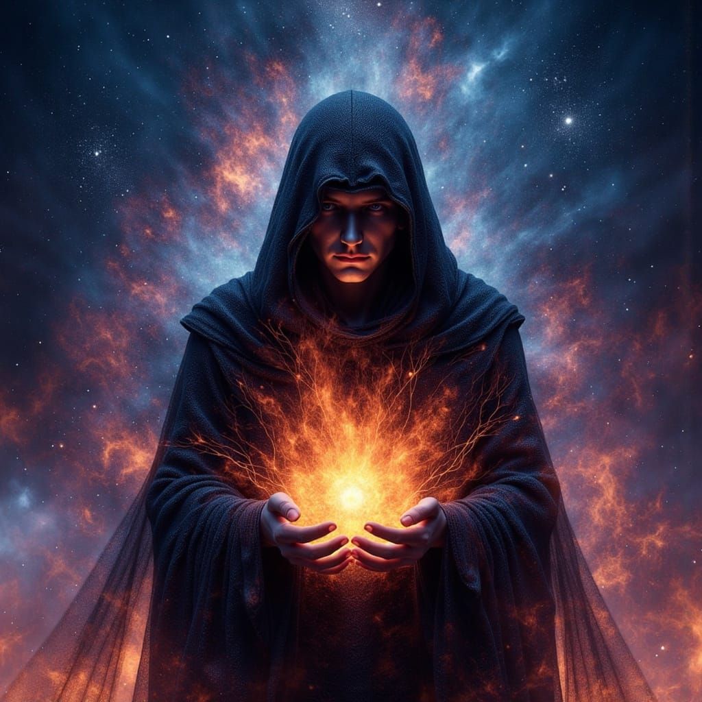 Shadow Figure Holds Living Flame Under Cosmic Sky