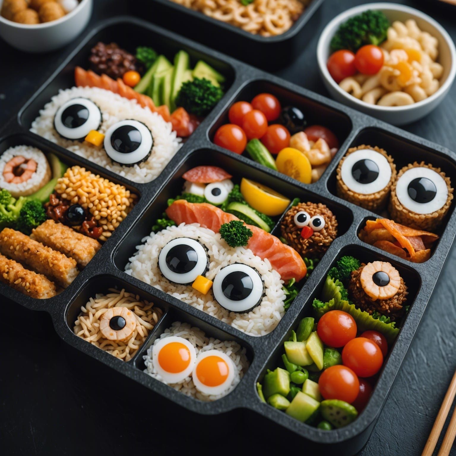 Japanese bento box creation with googly eyes, close up  by @iAmDaddyRandy