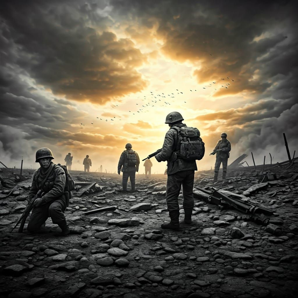 Hopeful Soldiers in War-Torn Landscape at Sunset