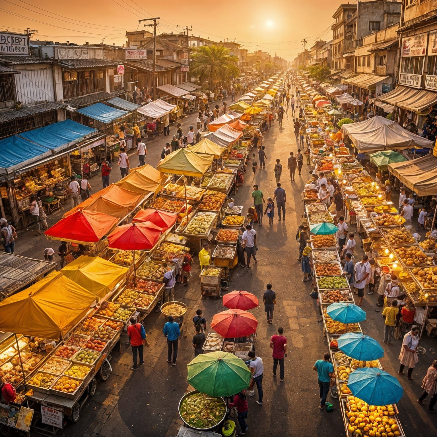 Street food vendors with different dishes lined up along the road as far as the eye can see  by @H