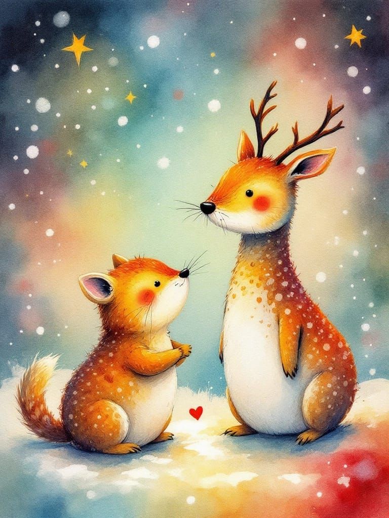Whimsical Christmas Menagerie in Folk Art Watercolors