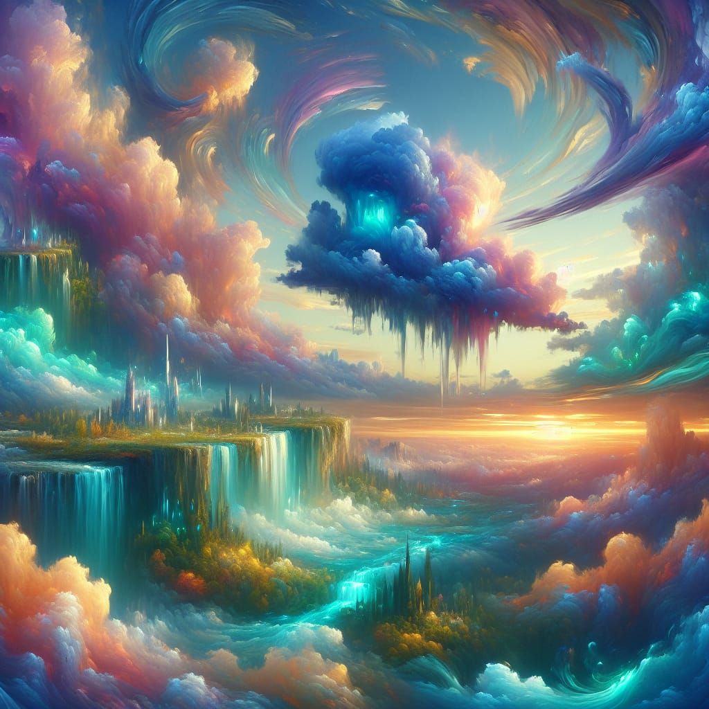Flying Island with Turquoise Waterfalls: Fauvist Dreamscape